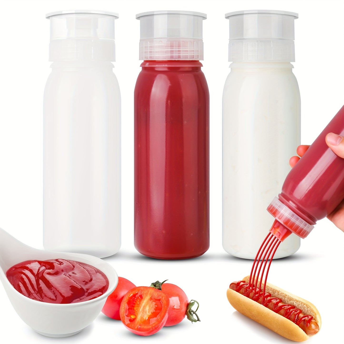 3 plastic condiment squeeze bottles for sauces and salad dressings, multifunctional kitchen supplies.