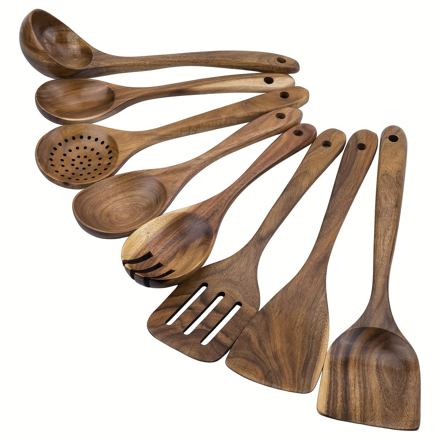 Set of 8 Acacia Wooden Kitchen Utensils, Non-Stick Cookware Tools, Durable Cooking Spoons and Spatulas, Multi-Purpose Kit