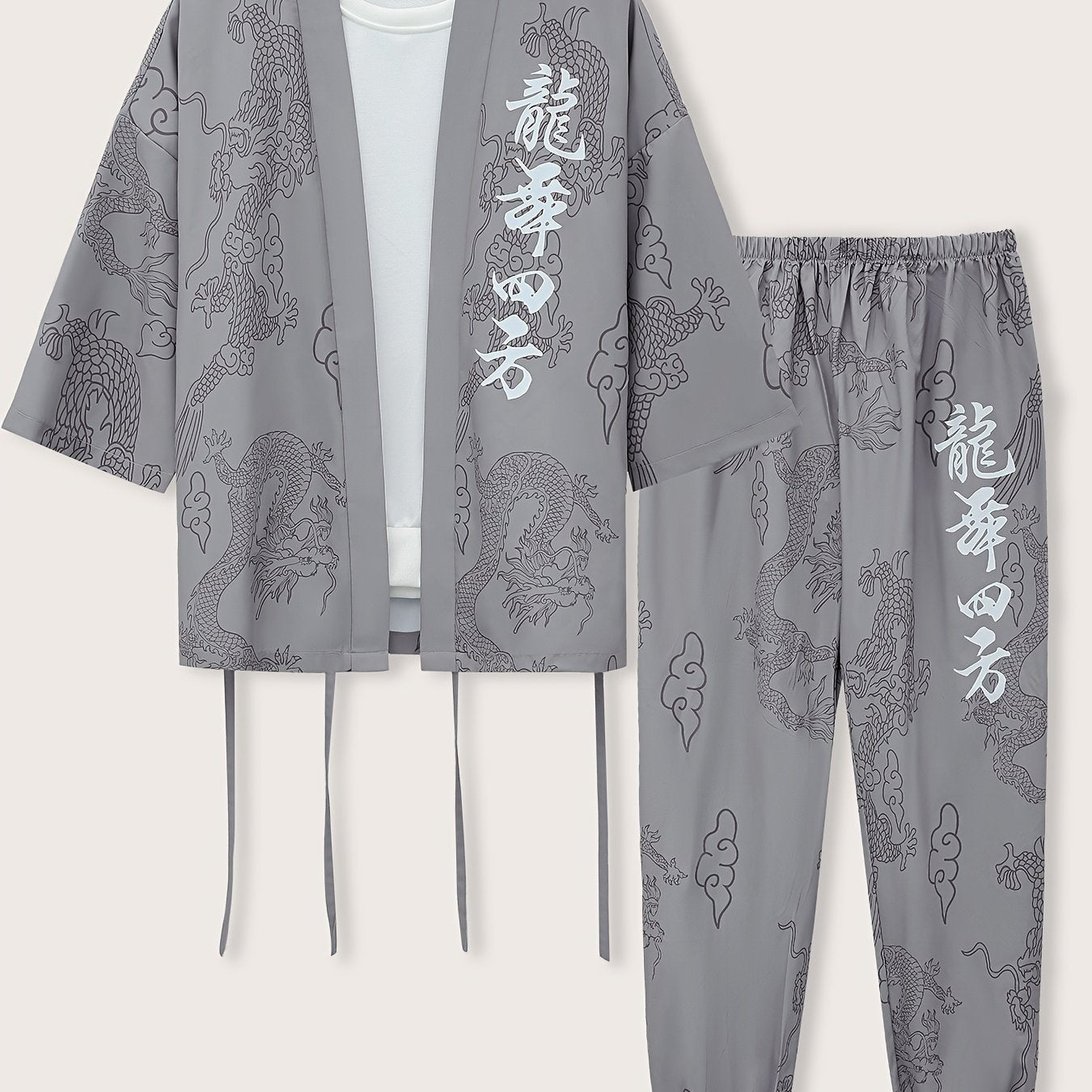 Men's dragon print pajama set for casual wear, featuring a Japanese-inspired mid-sleeve top and long pants made of breathable polyester, machine washable.