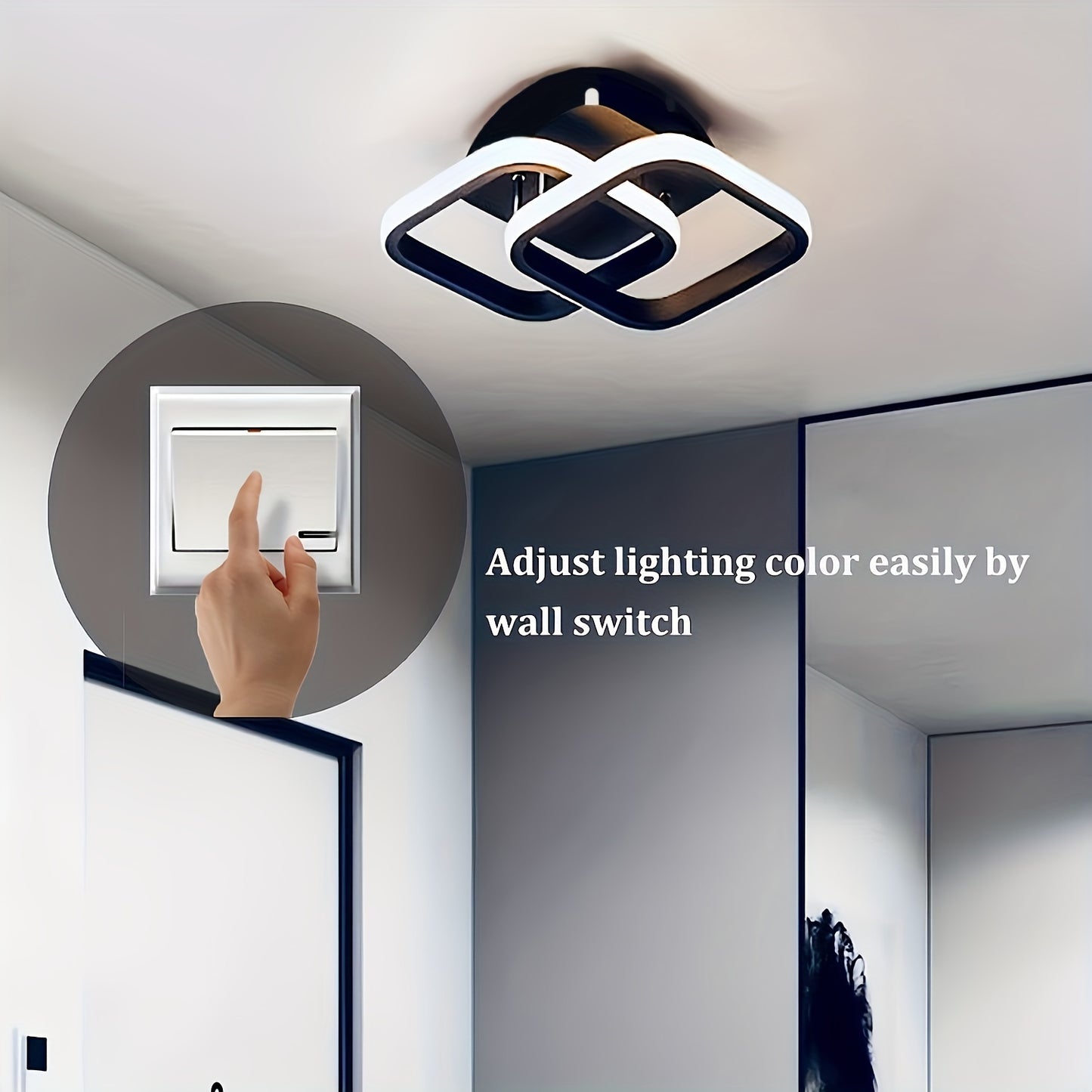 Adjustable square LED ceiling light with polished metal and silicone shade. Hard-wired and switch controlled, perfect for corridors, aisles, living rooms, and bedrooms. No batteries needed.