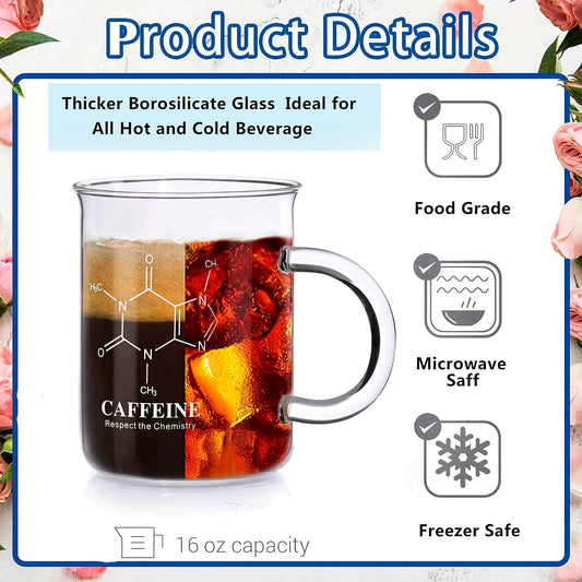 16 oz insulated glass coffee mug with handle and measuring markings, suitable for hot and cold beverages. Hand wash only.