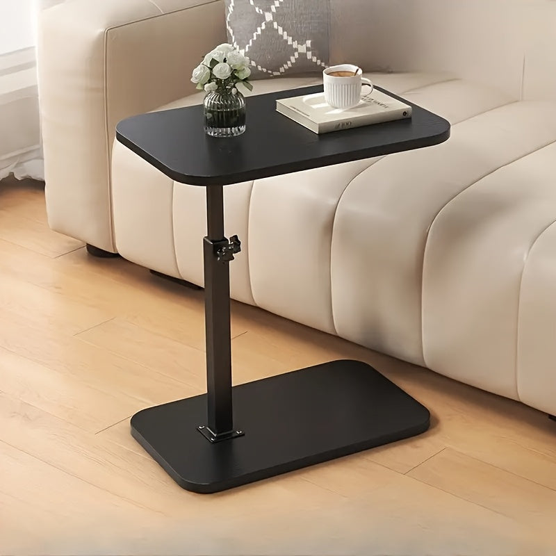 Multi-functional side table with adjustable height, wooden top and iron frame, ideal for various living spaces.