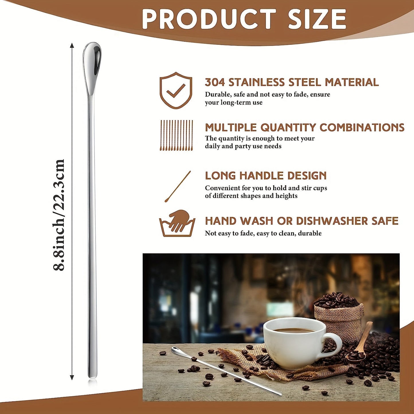 This collection of elegant long-handled Japanese cocktail stirring spoons is perfect for enhancing your drink presentation. Made from high-quality 304 stainless steel, each spoon is 22cm long and can be used for a variety of beverages such as coffee