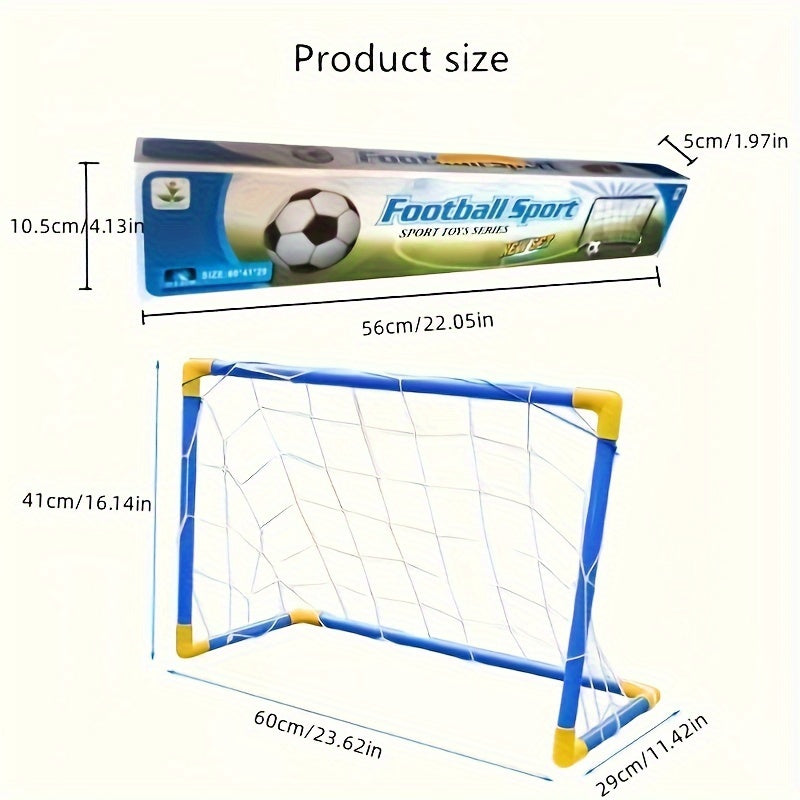 Indoor Micro Toy Football Goal Set with Pump and Plastic Football in Paper Box Packaging. Includes ball net, size 60cm x 40cm. Easy to assemble, convenient for carrying to park or beach.