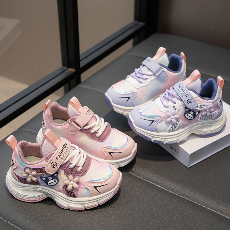 Girls' Cartoon Sneaker: Low-top, hook-and-loop closure, durable rubber sole, comfortable fabric lining for youngsters and teens