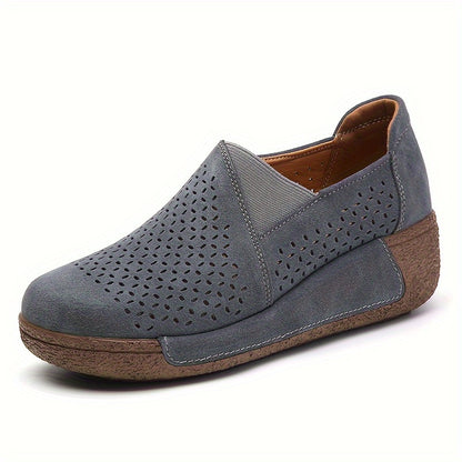 Breathable slip-on sneakers for women with hollow design, round toe, and non-slip PU sole.