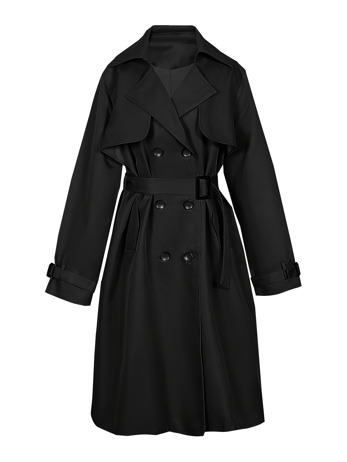 Double-breasted trench coat with lapel collar, belt, and long sleeves for fall & winter in plus sizes.