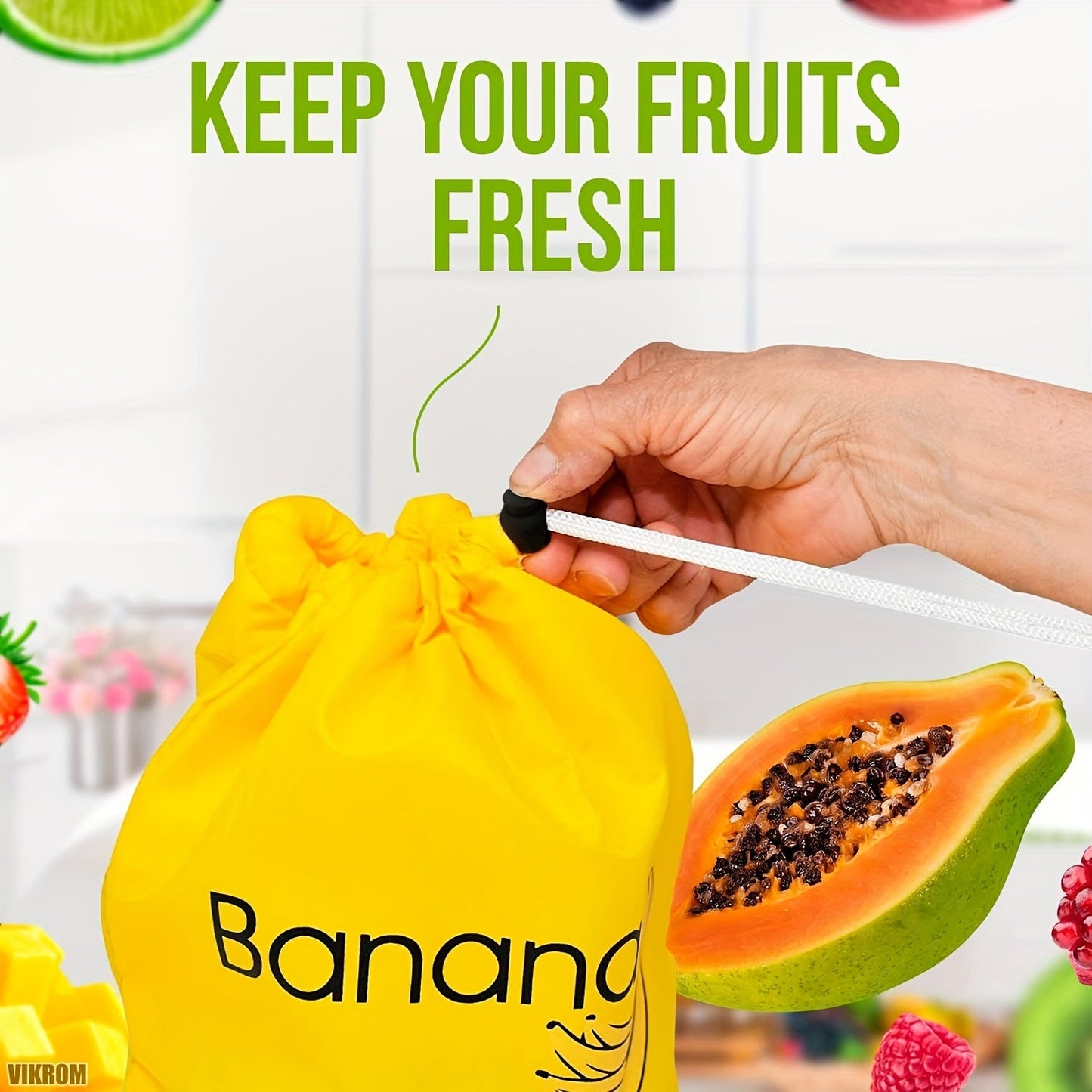 Reusable banana storage bag with drawstring, made of food-grade nylon and aluminum. Large capacity and double stitched to prevent ripening. Ideal for storing fruits and vegetables in the refrigerator. Perfect for lettuce and other vegetables.