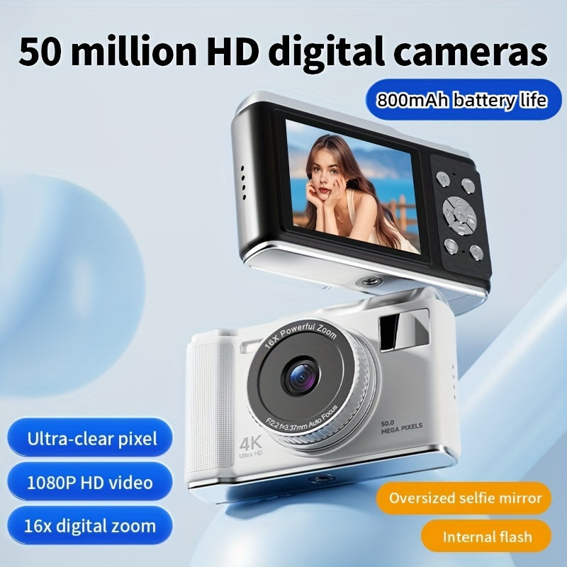 Compact digital camera with 4K resolution, 16X automatic zoom, LED flash, 7.11cm FHD screen, and 32GB SD card, ideal for teenagers and students.