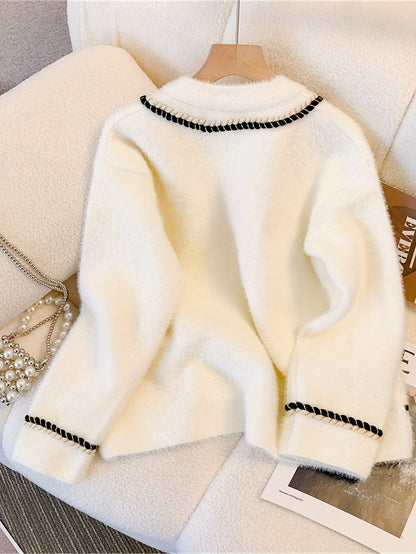 New European and American autumn/winter elegant small fragrance color-matching button-opening knitted sweater jacket.