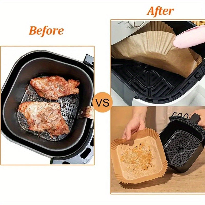 Set of 100 disposable air fryer paper liners, 16cm size, oil-proof and water-proof. Perfect for use in Airfryers, these disposable cooking paper trays also double as baking paper.