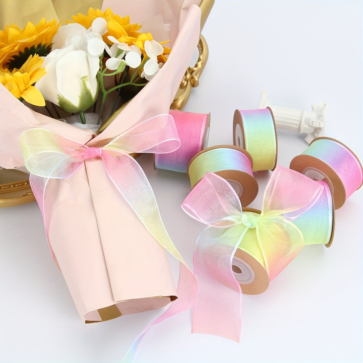 1 roll of rainbow gradient transparent organza ribbon for DIY cake packaging, gift wrapping, and party decoration