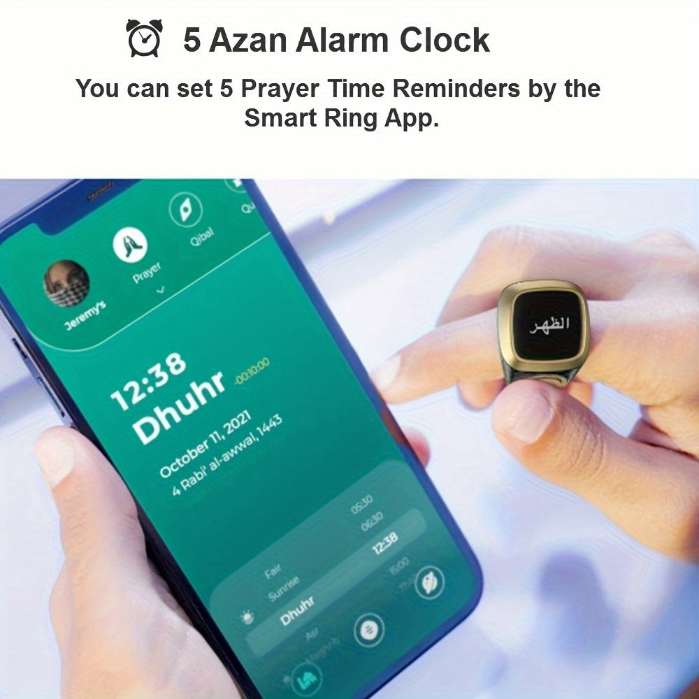 Introducing the TBSoon Zikr Ring: A Prayer Smart Ring with Lucky Ring features, Watch capabilities, and built-in Prayer Counters. Stay on track with 5 Prayer Time Reminders and a Prayer Direction Indicator Guide. Enjoy a long-lasting battery life, OLED