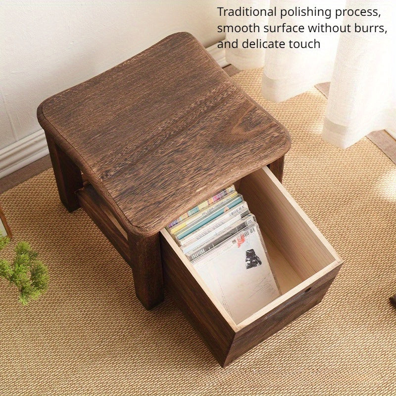 Classic wooden shoe changing stool with storage drawer, dark brown, armless, non-padded.