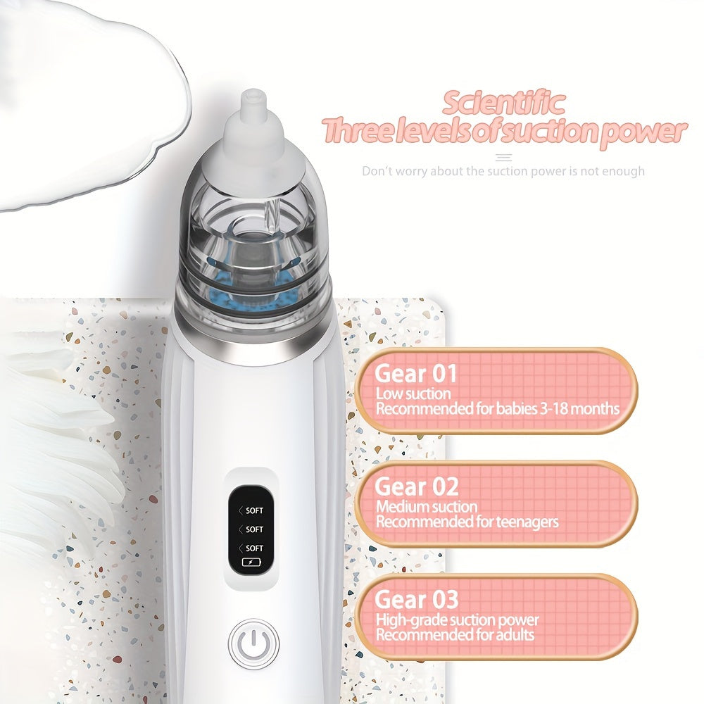 An Electric Nasal Aspirator with Portable Design, Three-Speed Adjustable, Silent Operation, Simulated Backflow Feature, and Includes 2 Types of Silicone Heads