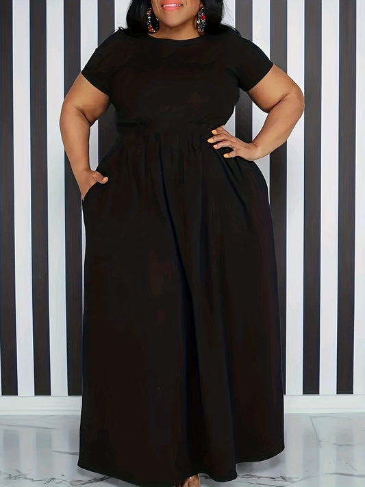 Stretchy solid maxi dress for plus size women with short sleeves