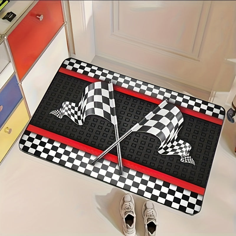 One high-quality Flannel Racing-Themed Mat, 1.1cm thick and non-slip, featuring a Black & White Checkered Flag design with Red Stripes. Machine washable and suitable for Teens, Boys, Girls, Men & Women. Versatile for use in the Living Room, Bedroom