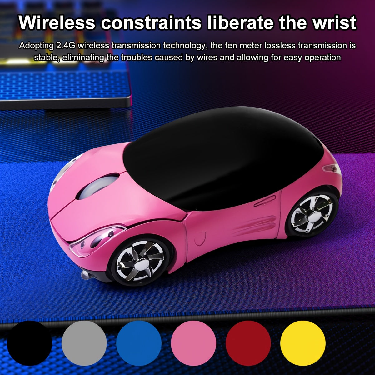 Wireless car-shaped gaming mouse with USB 2.4G receiver, silent ergonomic design, adjustable wrist support, pink with black wheels, battery powered, non-rechargeable.