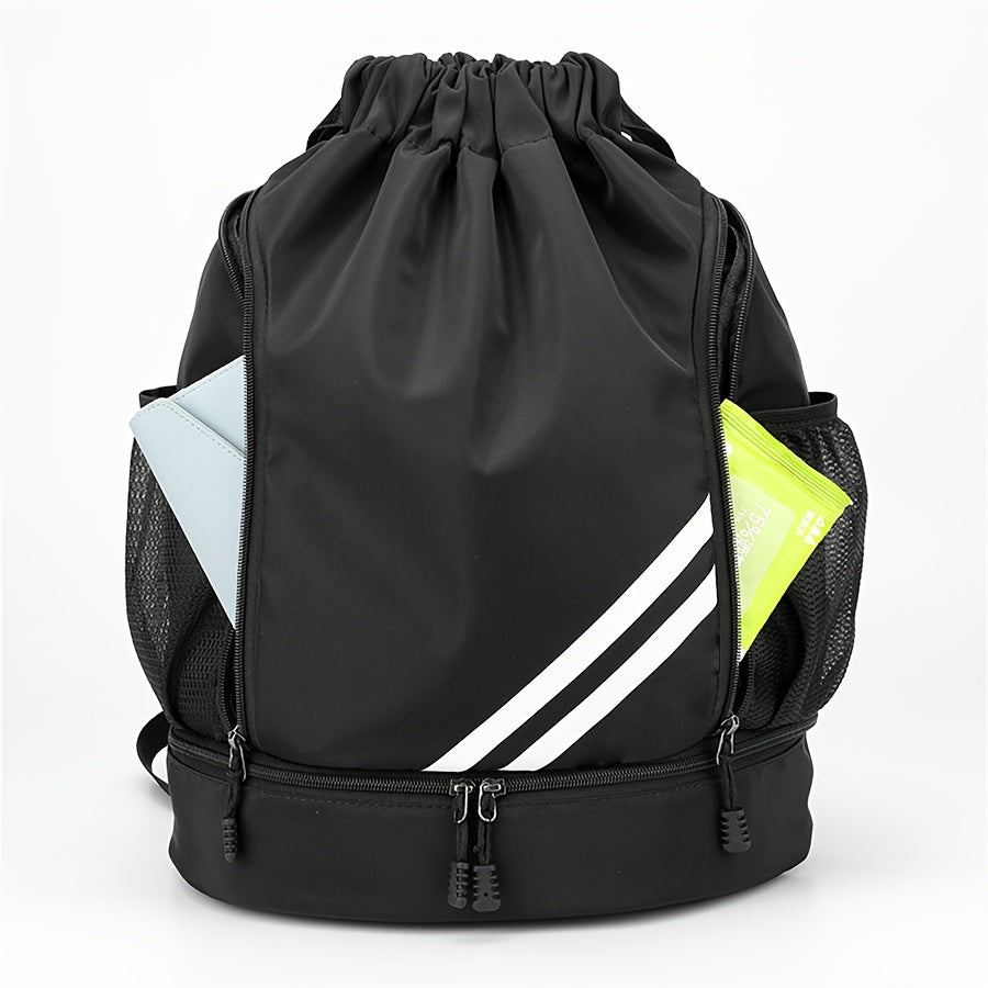 Polyester drawstring gym bag with practical pockets, perfect for basketball, outdoor activities, travel, swimming, hiking, and climbing.