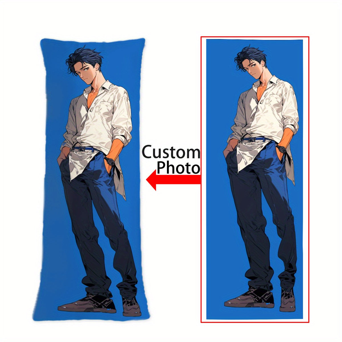 Celebrate special occasions with our Custom Photo Long Body Pillow Cover featuring a personalized anime design. This cover is perfect for Thanksgiving, Christmas, birthdays, and wedding anniversaries. Made from soft short plush material, it features a