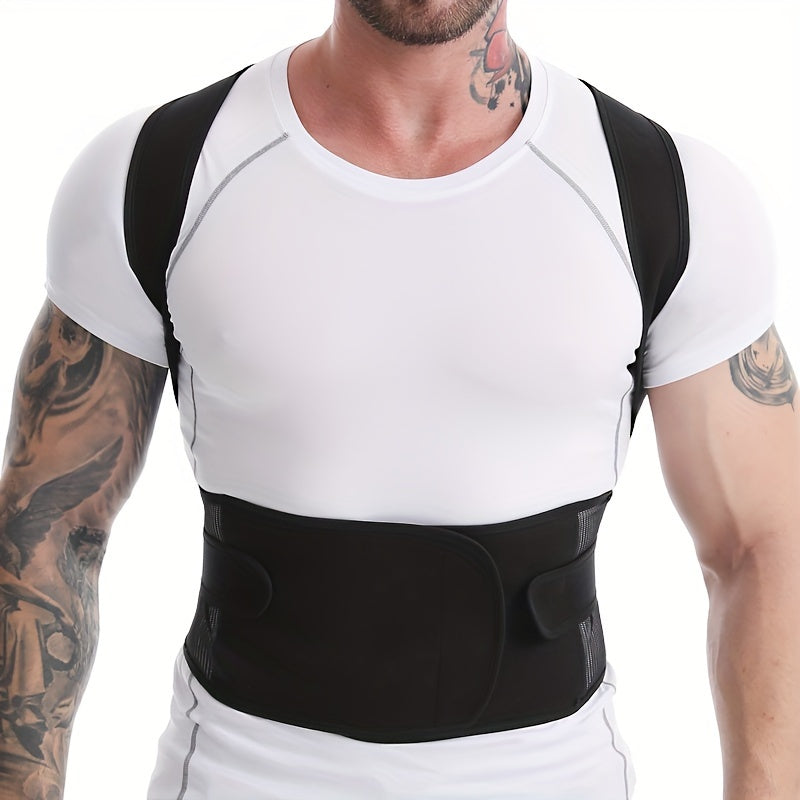 Adjustable men's vest with wide waist support and back brace made of neoprene, polyester, and nylon blend, in a sports style.