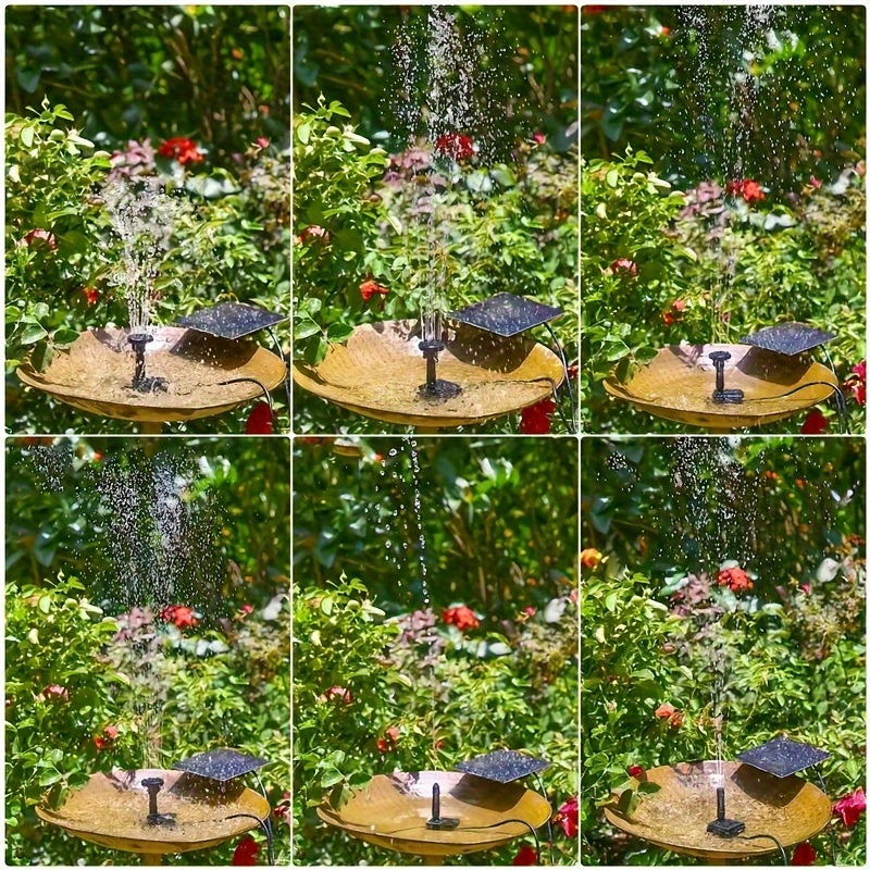 Solar fountain pump with 1.4W power for outdoor use, made of plastic material. Charges with solar power, no battery needed. Sleek grid design ideal for bird baths, pools, gardens, and other