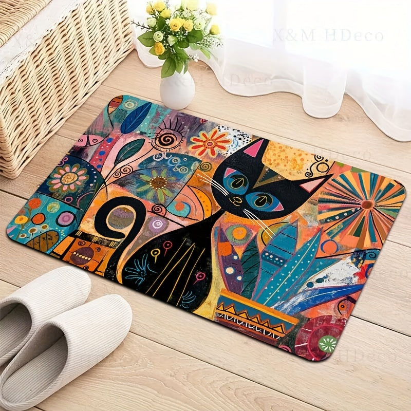 Abstract Art Cat Doormat - Easy to Clean in Washing Machine, Non-Slip PVC Backing, Made of Durable Polyester - Rectangle Mat for Bathroom, Kitchen, Living Room, or Bedroom - Stylish Entryway Decor Rug