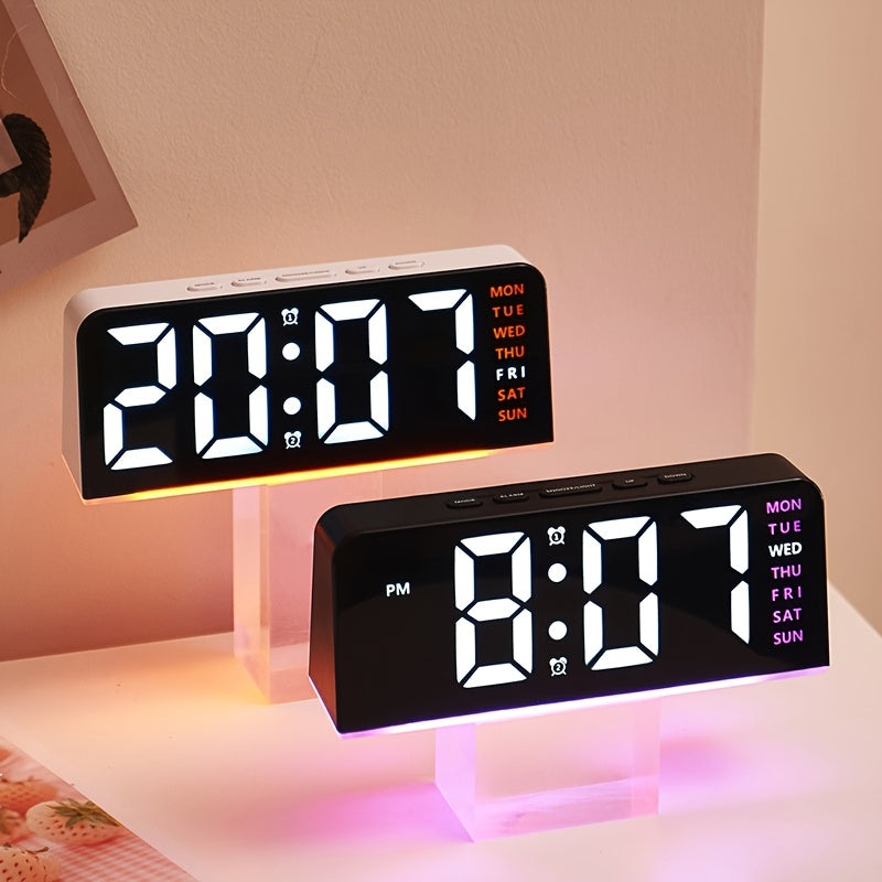 Digital LED Alarm Clock with USB power, sleek black plastic frame, dual time display, modern design for bedroom decor. Battery-operated (AAA not included).