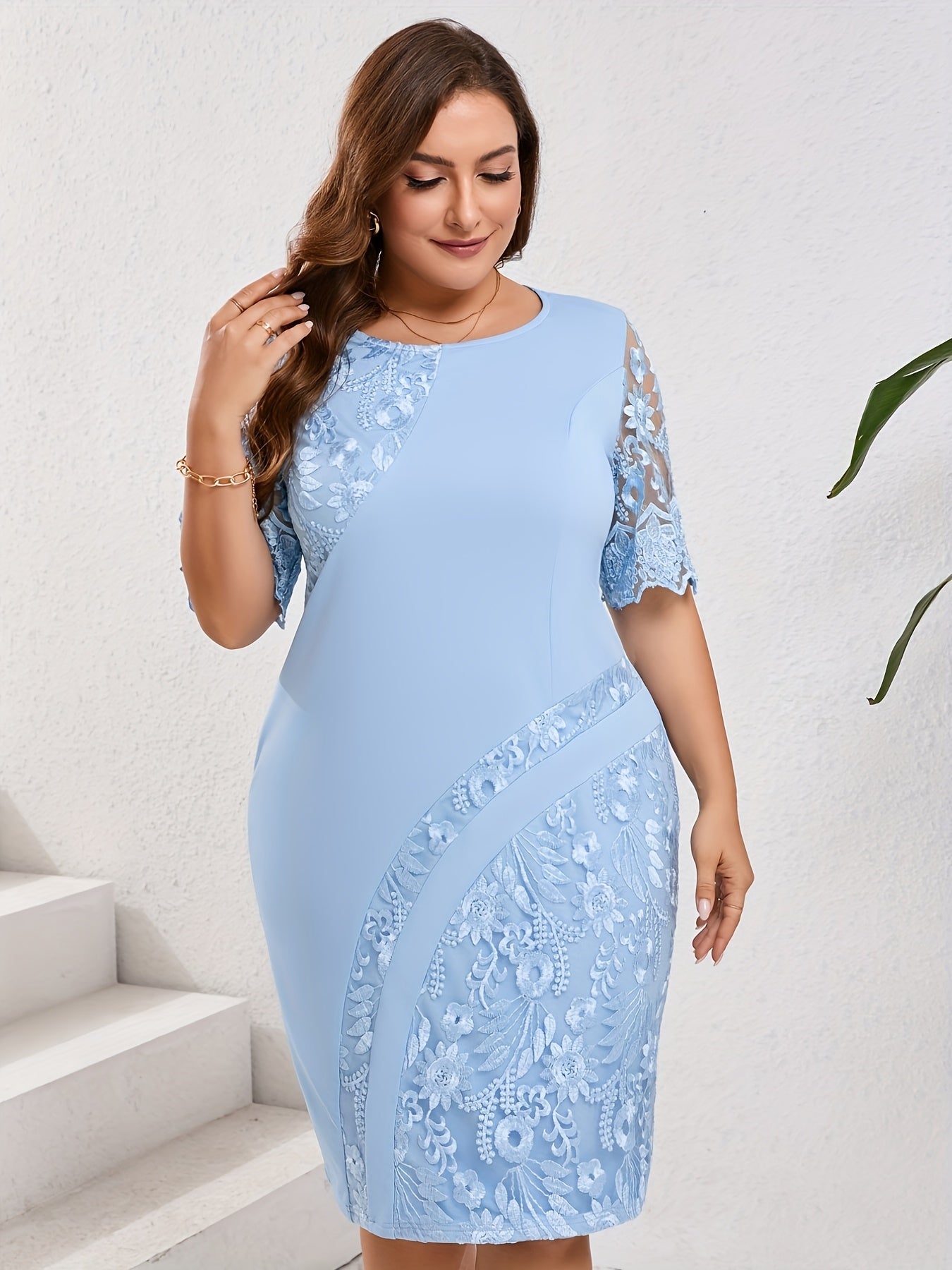 Elegant crew neck lace midi dress for plus size women, perfect for weddings and cocktail parties. Made of 97% polyester and 3% elastane knit fabric, with a flattering bodycon fit. Pullover