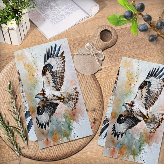 Two pieces of ultra soft kitchen towels featuring a majestic eagle design. These highly absorbent towels are machine washable and perfect for drying dishes. The vibrant watercolor eagle artwork measures 40.64x60.96 cm, making them ideal for holiday decor