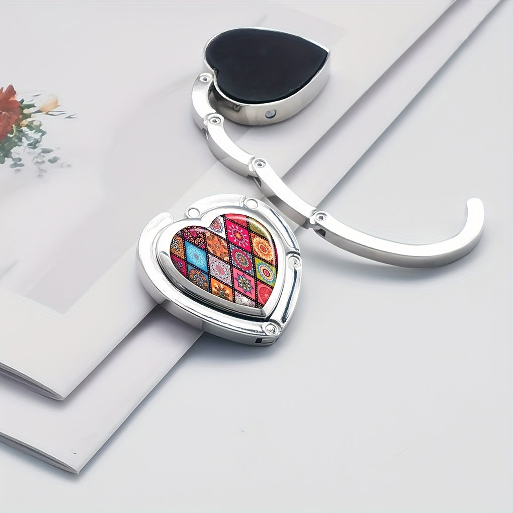 Heart-Shaped Boho Chic Foldable Purse Hook - Vibrant Zinc Alloy Table Hanger for Bags and Keys.