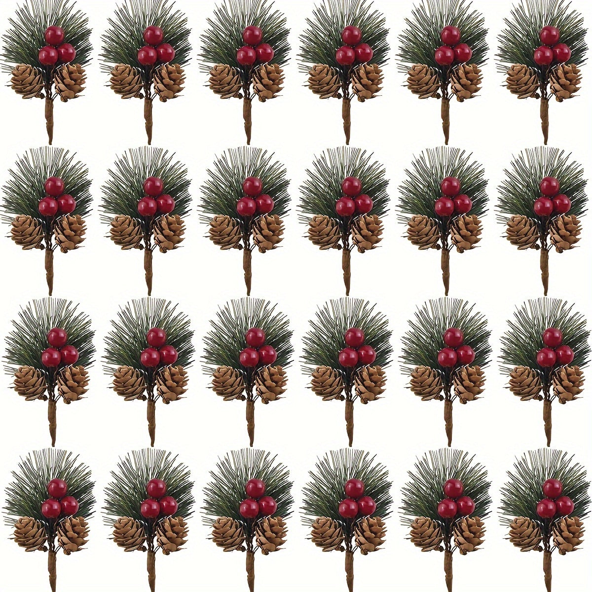 24 artificial pine picks with red berries and pinecones, perfect for DIY wreaths and seasonal decor.