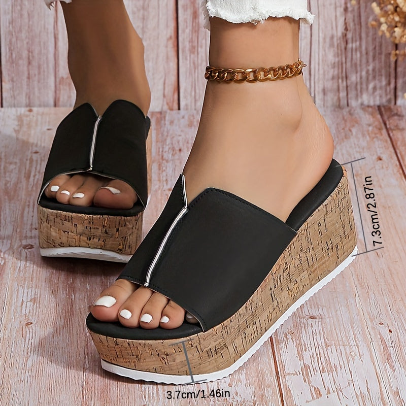 Women's PU Wedge Sandals with Peep Toe, Slip On Platform Heels for Casual Summer Beach Wear