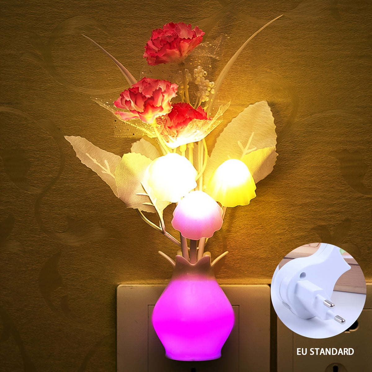 Walleaf LED Mushroom Night Light features a Dusk to Dawn Sensor for gentle ambient lighting. Perfect for wall decor, this soft and non-glaring light is easily plug-in with European Standard.