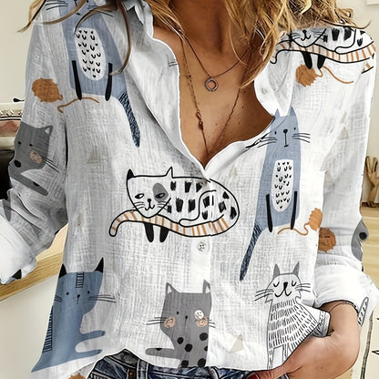 Spring and summer women's fashion long-sleeve casual shirt featuring cat and fish print.