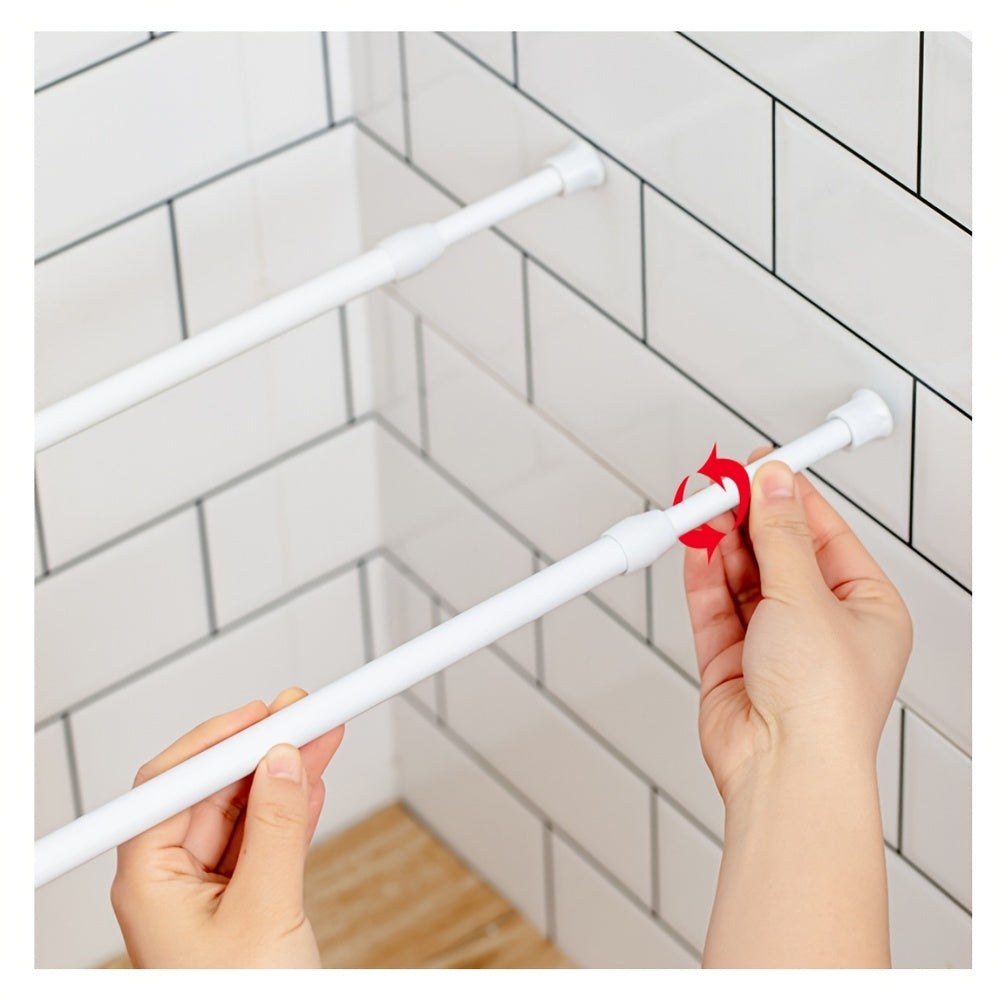 Adjustable white spring tension curtain rod made of metal for easy installation in kitchens, bathrooms, windows, bookshelves, wardrobes. Can expand to fit wardrobe.