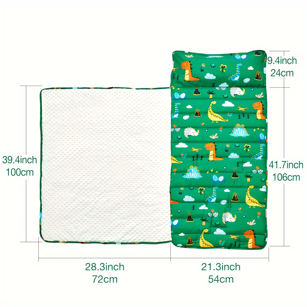 1 piece of BEEWEED Dinosaur Print Nap Mat including Pillow and Blanket, made of Polyester Sleeping Bag. It is Foldable & Portable, Moderately Soft, Non-Washable, suitable for Daycare, Travel, Camping, for children aged 3-6 Years. This would make an Ideal