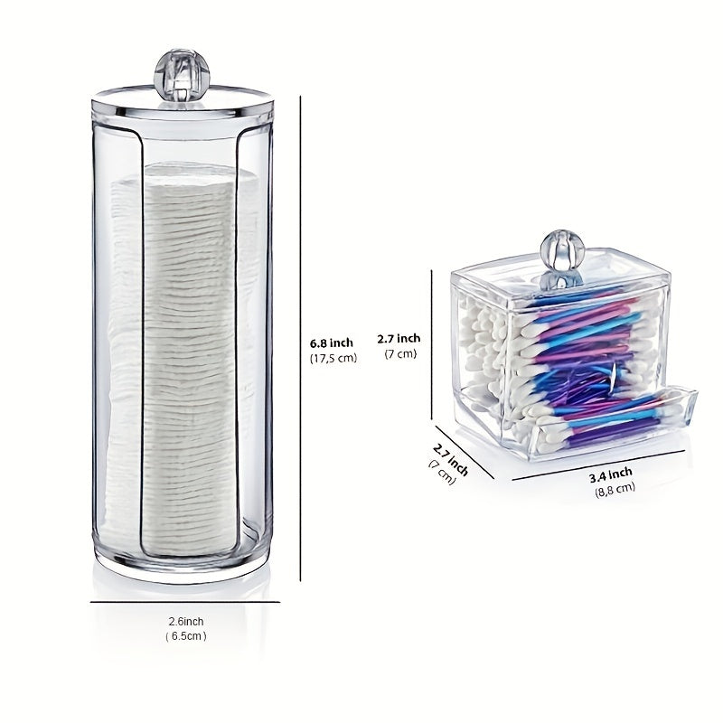 Set of 2 clear canisters with storage box for bathroom items like cotton balls, swabs, and pads.