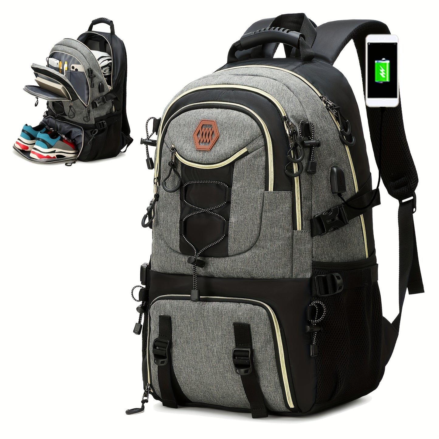 Large capacity outdoor travel backpack with 17-inch laptop compartment, suitable for men and women for sports camping.