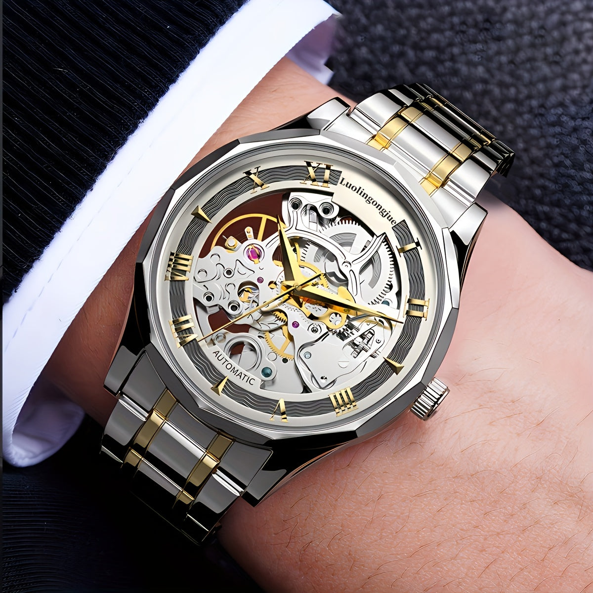 Luxury Men's Mechanical Watch with Stainless Steel Strap, Hollow Dial, and Automatic Self-Winding. Casual Style with Uncharged Power Mode; No Battery Required.