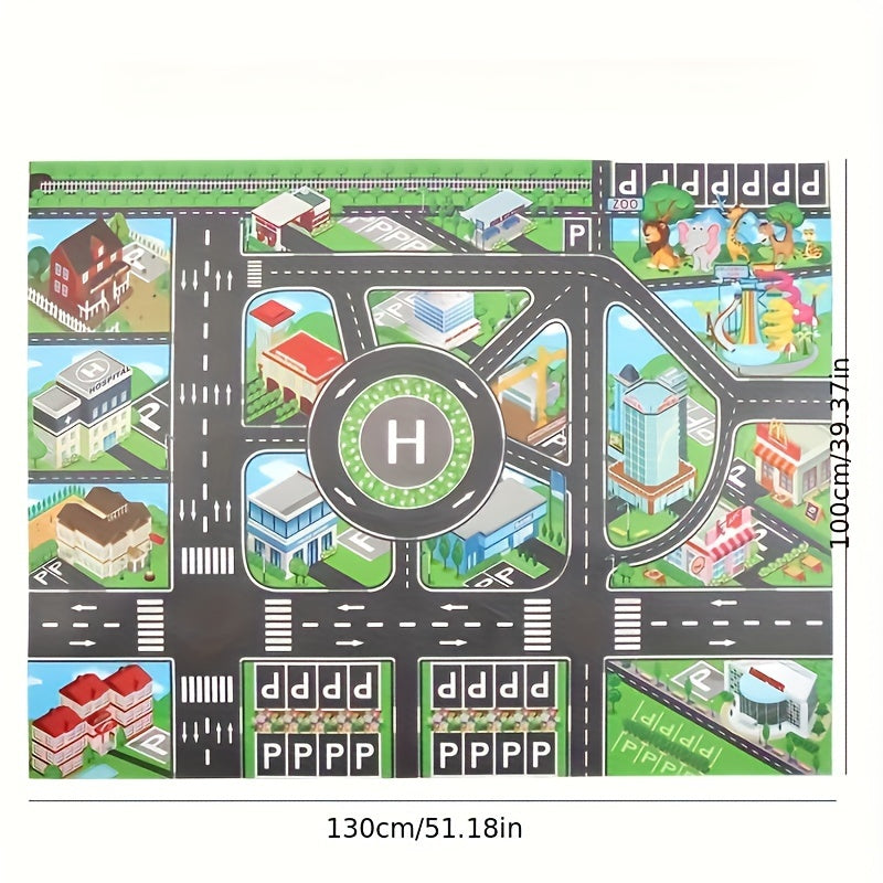 Durable toy play mat with multi-color city traffic scene, featuring roads and vehicles for educational play.