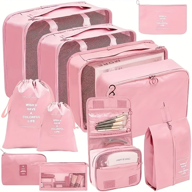 11-piece set of hanging cosmetic bags made of nylon for organizing travel essentials.