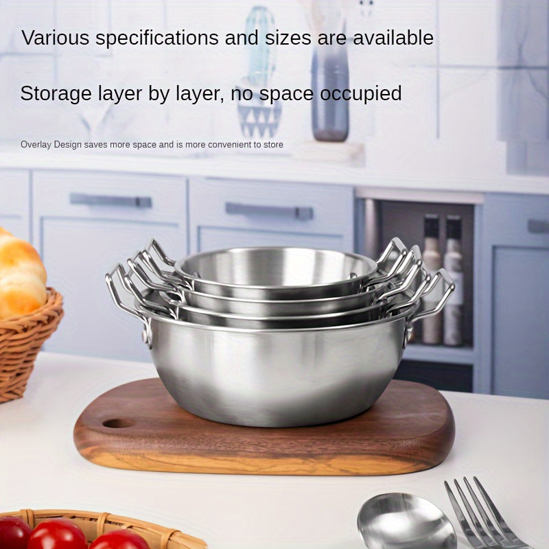 Durable stainless steel bowl with handles for versatile use, ideal for Asian cuisine.