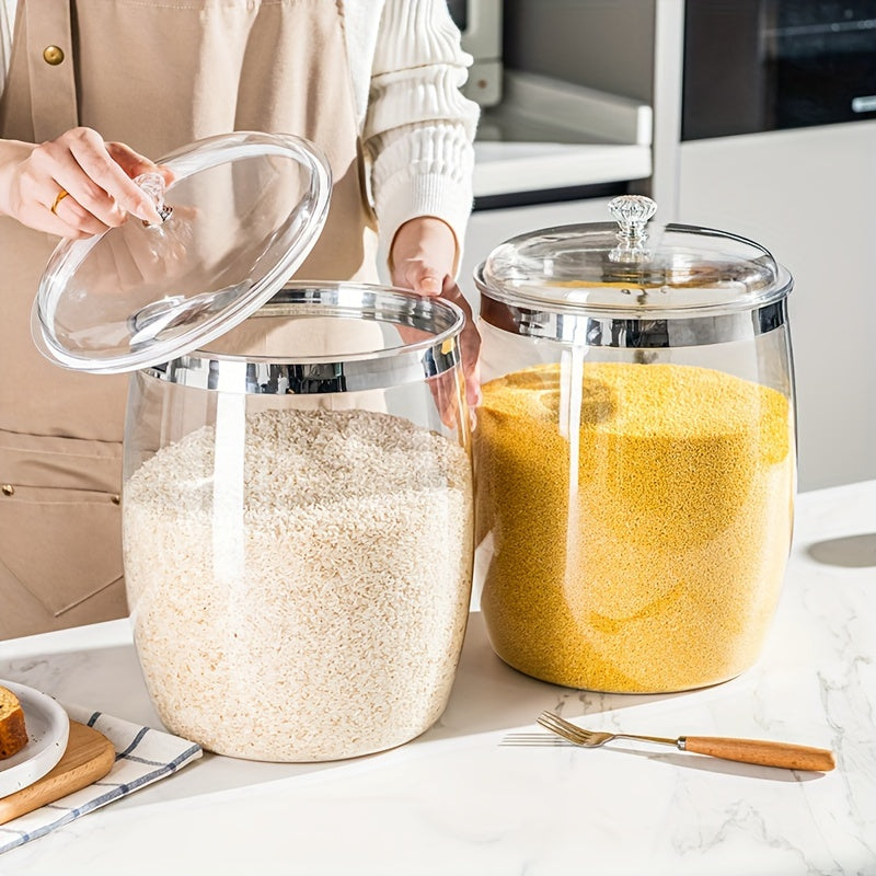 Large PET transparent jar for pickles, wine, vegetables, nuts, grains, and snacks. Multipurpose, reusable container with round flip-top design.