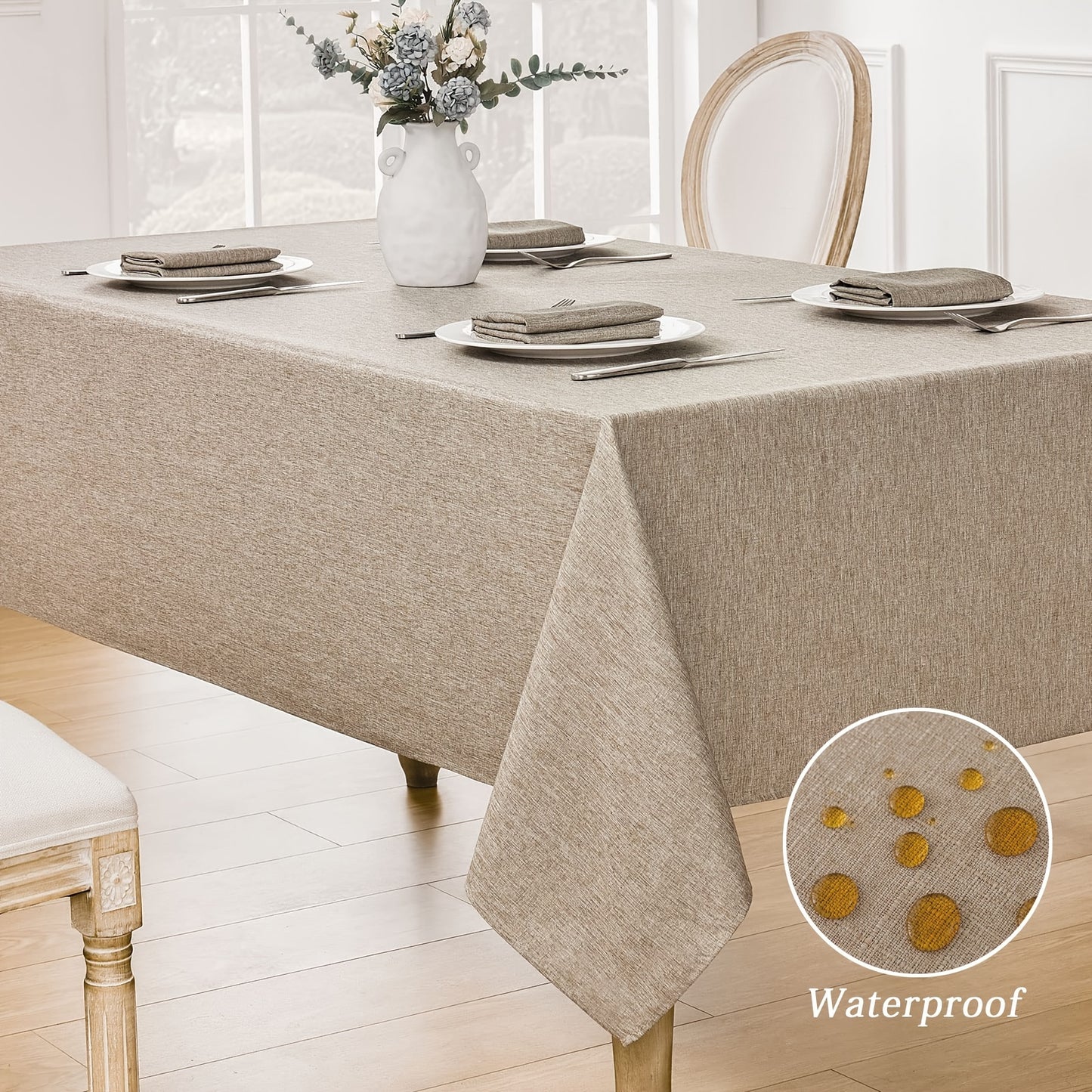 Polyester tablecloth with modern design, ideal for dining room décor.