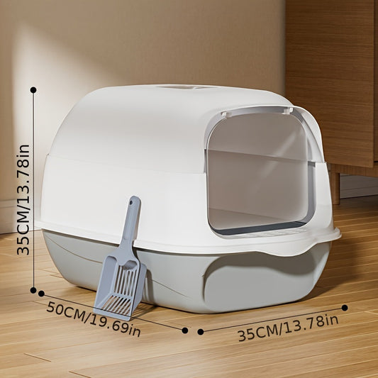 Enclosed cat litter box with integrated scoop, leak-proof and odor-control, ideal for small to medium cats - white & gray, 45.21cm W x 35.0cm D.