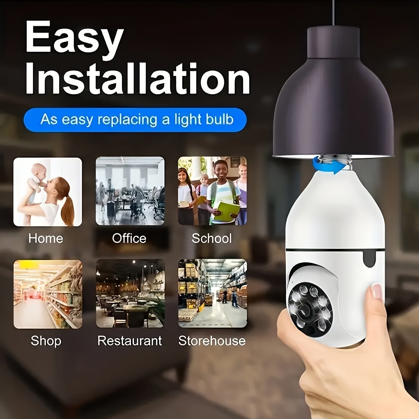 Introducing the YIIYRY Smart WiFi Bulb Camera with E27 Connector - featuring 360° Pan/Tilt, Motion Detection, Two-Way Audio, and Indoor/Outdoor Security. This camera is USB powered (no battery required) and brought to you by YIIYRY.