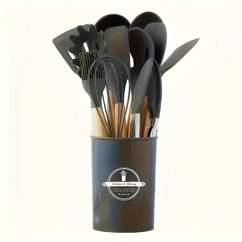 Wooden-handled Silicone Kitchen Utensil Set - Includes 6 or 12 Pieces of Cooking and Baking Tools such as Non-Stick Spatula, Ladle, Whisk, and Storage Rack. Ideal for Holiday Celebrations such as Christmas, Halloween, Easter, Hanukkah, and Thanksgiving.