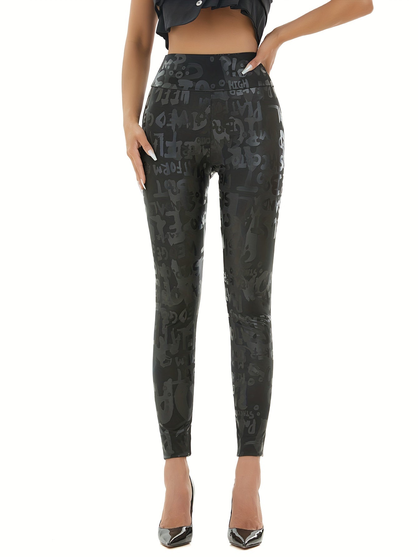 Faux leather high-waisted pants with PU letter print, perfect for year-round wear as comfortable sleep or lounge pants.