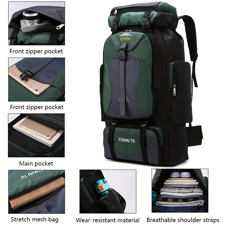 Durable nylon travel backpack for camping and hiking purposes.